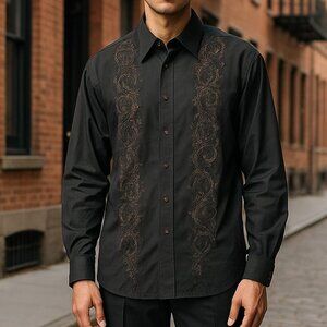 Men's Shirt Size L Long Sleeve Button Down Brown Embroidered